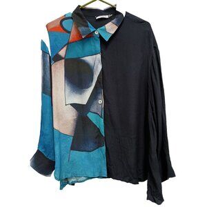 Lemon Grass Wearable Art Top Womens Medium Blue Abstract Asymmetric Long Sleeve